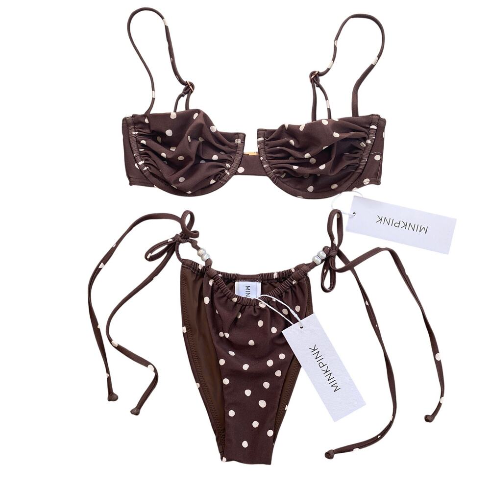 MINKPINK Brown White Polka Dot Bustier Strappy Cheeky Bikini Swimsuit Set Sz XS